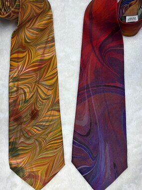 Chena River Marblers Teresa Hays Hand Marbled Art Artisan 100% Silk Tie 2pc Lot